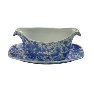 RARE Bennington Potters 1681 Sauce/Gravy Boat 9” Morning Glory Blue Agate - Picture 1 of 16