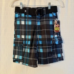 NWT  NEVER GIVE UP by JOHN CENA Teal black white plaid shorts Cargo-style Boy 8 - Picture 1 of 6