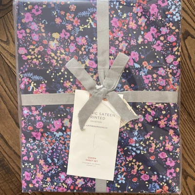 Anthropologie Organic Cotton Sateen Floral Printed QUEEN Sheets French Country - Image 1 of 4