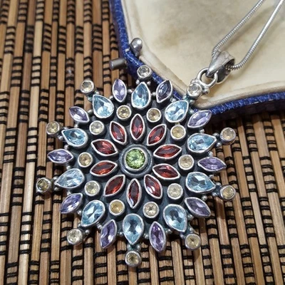 925 Sterling Silver Necklace, Multi Gemstones Star Pendant, Statement, 2003 - Image 1 of 4