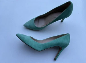 J. Crew Pointed Toe Green Teal Leather Heels Sz 7.5 - Picture 1 of 21