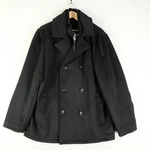 Robert Graham Pea Coat Mens Large Black Wool Double Breasted Zip Heavy Winter - Picture 1 of 11