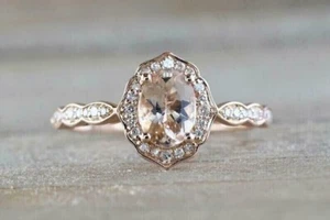 2Ct Oval Cut Lab-Created Morganite 14K Rose Gold Plated Silver Halo Women's Ring - Picture 1 of 5