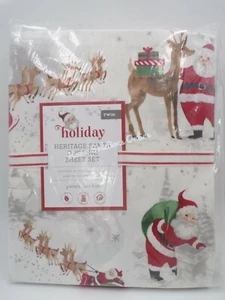 Pottery Barn Kids Flannel Heritage Santa Organic Sheet Set Twin Red Multi #J93 - Picture 1 of 3