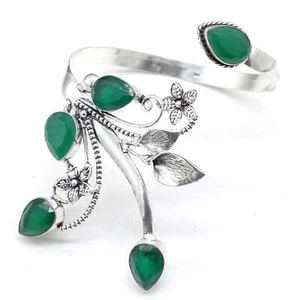 925 Sterling Silver Green Emerald Gemstone Jewelry Cuff Bracelet Size-Adj - Picture 1 of 6
