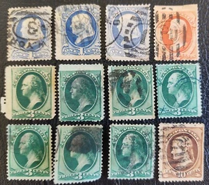 12 estampillas de Estados Unidos 1870-1882 Franklin 1c Jackson 2c Washington 3c Jefferson 10c  - Imagen 1 de 12