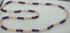 NATURAL AMETHYST & ROSE QUART NECKLACE W, PEARL SPACERS  34" OVER HEAD STYLE