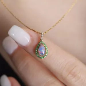 Ciondolo Tsavorite Diamante Opale Masso Australiano Design Pavone SOLO Oro 18K - Foto 1 di 9