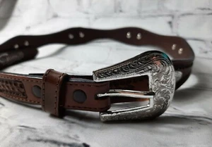 Vtg Nocona 30 Brown Textured Oval Silver Tone Buckle Women Adjustable Waist Belt - Picture 1 of 10
