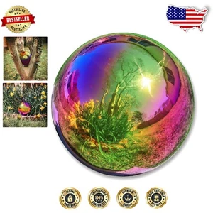 10" Rainbow Gazing Ball - Stainless Steel Garden Decor for Outdoor Elegance - Picture 1 of 4