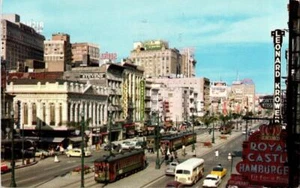 Canal Street New Orleans Louisiana 1950's Photo Postcard w Trolley Cars - Picture 1 of 1