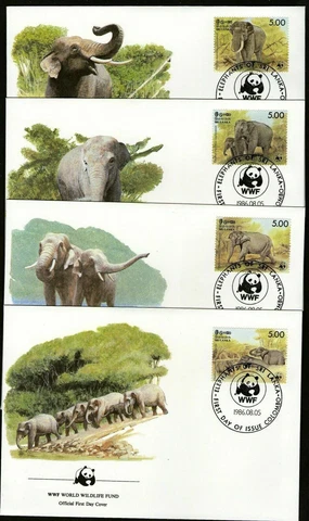 Sri Lanka First Day Covers- Sri Lanka 1986 WWF Ceylon-Elephant set of 4 FDC Cover