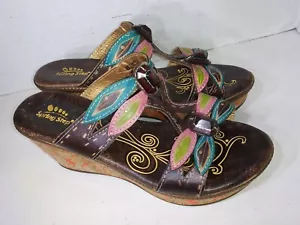 Spring Step Bonita Brown multicolor Wedge Sandals T Strap Stoes Size 39 - Picture 1 of 11
