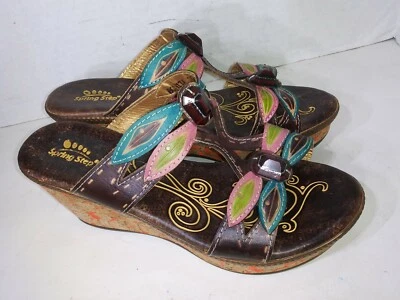 Spring Step Bonita Brown multicolor Wedge Sandals T Strap Stoes Size 39 - Image 1 of 4