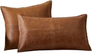 Genuine Real Leather Pillow Covers, Set of 2, Whiskey Tan Squre Rectangle - Picture 1 of 7