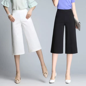 Capri Pants for Women Size 0-16 Office Business Wear Wide Leg Crop Elastic Waist - Picture 1 of 30