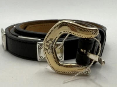 CINTURÓN CUERO NEGRO BRILLANTE floral tono plata TALLA M/32 Hecho en USA Foto 1 de 4