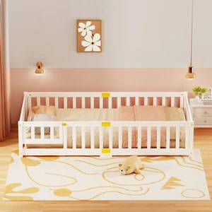 Meulbaty Montessori Bed Kids Floor Bed Playground with Safe Fence&Lockable Door - Picture 1 of 11