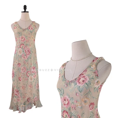 Vintage Midi Dress 4P Beige Floral Pink Y2K Ruffle Fairy Feminine Dainty Cottage - Image 1 of 4