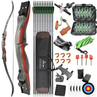 62" Recurve Bow 20-50lbs Takedown  Wooden Carbon Arrows Archery Hunting Shooting - Image 1 of 4