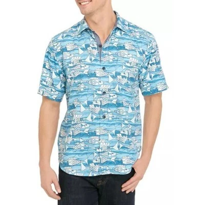Tommy Bahama Silk Shirt Button Down Shirt Men M Blue Fish Bay Casual Shirt Men - Image 1 of 4