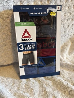 Cuecas boxer Reebok masculinas tamanho L cinza vermelho azul Pro Series costura interna 7,5 pacote com 3 - Imagem 1 de 2