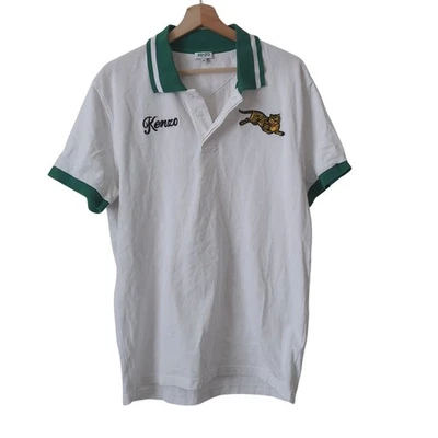 Kenzo Mens Polo Shirt XL Jumping Tiger Embroidered Patch Sporty Streetwear White - Image 1 of 4