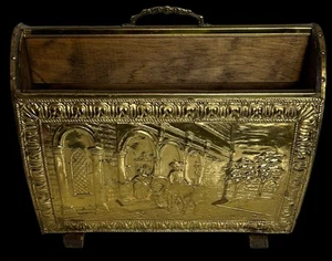 Old Antique Horse Soldier Lady Scenic Embossed Brass Metal Wood Magazine Rack - Picture 1 of 15