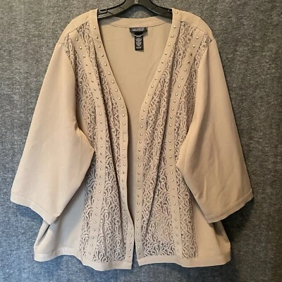 Catherines Black Label Cardigan Womens 3X 26/28W Beige Lace Sequin Open Front - Image 1 of 4