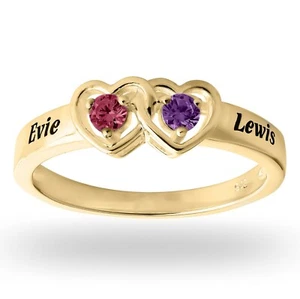 Anillo Familiar Personalizado Cualquiera 2 Nombres Piedras de Nacimiento Oro Amarillo 9 quilates - Imagen 1 de 9