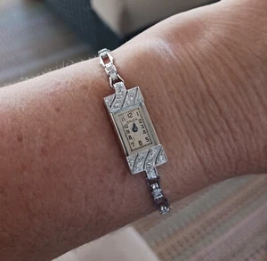 VINTAGE 1930's ART DECO GRUEN DIAMOND 14K WHITE GOLD WRIST WATCH, SINGLE CUT - Picture 1 of 13