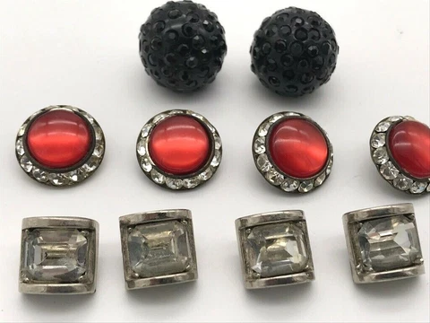 Lot VTG Antique Button Metal Plastic w/ Pink Red Black Rhinestones Square Silver Cover