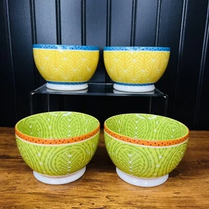 4 Pier 1 BATIK Pedestal Soup Cereal All Purpose Bowl 4.5” Yellow Green Blue - Picture 1 of 8