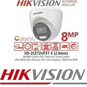 Hikvision DS-2CE72UF3T-E 4K ColorVu PoC Fixed Turret 8MP 40 Meter CCTV Camera UK