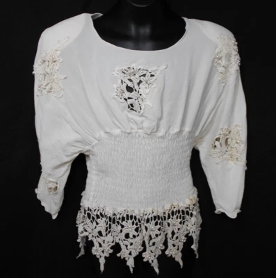 Italia Años 80 Boutique Marfil Mujer Vestido Camisa Blusa Encaje Perlas Bordado Foto 1 de 4