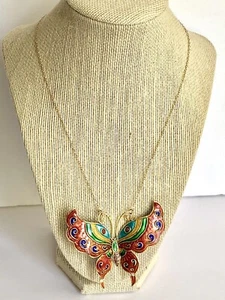Vtg 14kt Gold Filled Enamel Butterfly Necklace 19” 10.8g Large Station Pendant - Picture 1 of 12