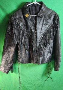 Vintage UNIK Black Leather Motorcycle jacket Womans M Fringe Rose Inlay Lined - Picture 1 of 9