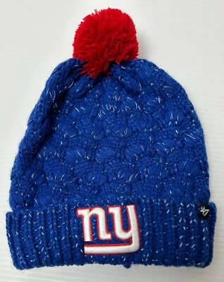 New York Giants 47 Marca Mujer NFL Fiona Puño Tejido Gorro Azul Rojo Pom Sombrero Foto 1 de 4