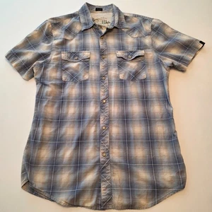 Bullhead Wild West Pearl Snap Shirt Men's Medium Blue/White Plaid Short Sleeve - Picture 1 of 7