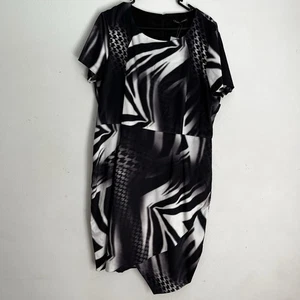 Charlie Brown Dress Size 16 Midi Black White Abstract Print Asymmetric Hem - Picture 1 of 11