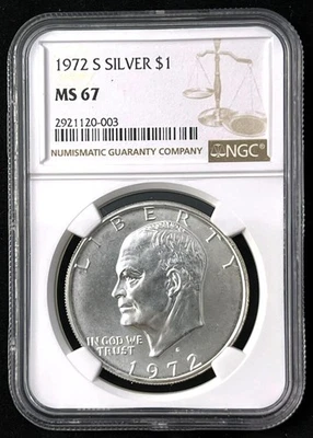 🥇1972-S Eisenhower SILVER Dollar NGC MS67 - LOOKS LIKE A 68!!! FREE SHIP🥇 - Image 1 of 2