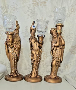 Drei Weise Männer Kerzenhalter 14" Gold Harz mit Windlichtern - Urlaub Krippe Set - Bild 1 von 6