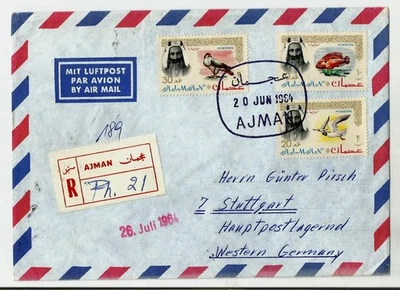 Ajman Emiratos Árabes Unidos 1964 cubierta registrada con matasellos de Dubai en la parte posterior, enviada a Alemania, da Foto 1 de 4