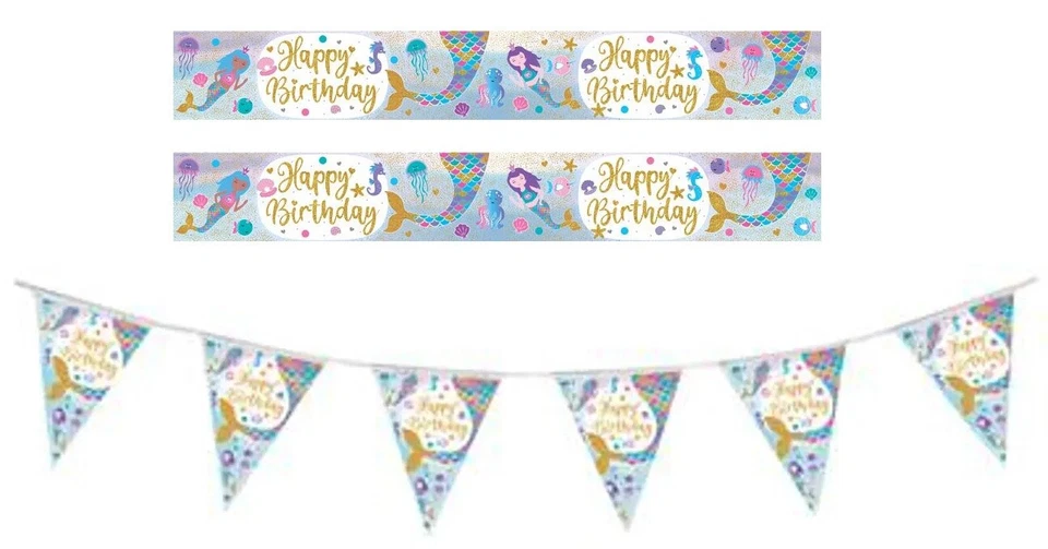 Estandarte de cumpleaños feliz de sirena y decoraciones de fiesta de lámina holográfica Foto 1 de 1