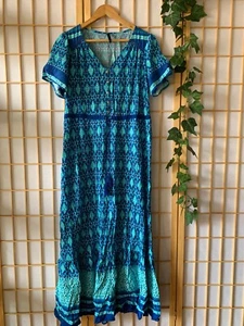 Coastal Blue Boho Abstract Paisley Cottagecore Beachy Maxi Dress Size 12 - Picture 1 of 9