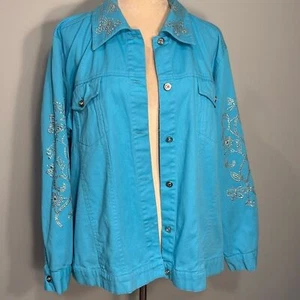Quacker factory cotton butterfly bejeweled turquoise denim jacket Size 1X - Picture 1 of 7