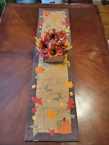 Fall Autumn Table Runner Suede Maple Leaves, Pumpkin Thanksgiving - Picture 1 of 8