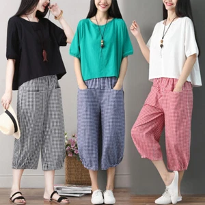 Womens Linen Check Tapered Capri Pants Shorts Pocket Ethnic 3/4 Trousers - Picture 1 of 15