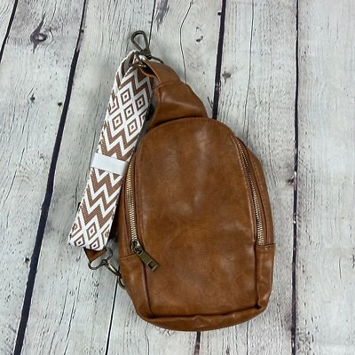 NEW FAUX LEATHER BROWN CROSSBODY BACKPACK SLING BUM BAG CELL PHONE PURSE - Image 1 of 4