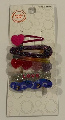 Paquete de 6 pinzas para el cabello Wonder Nation corazones rosa y púrpura amor arco iris niñas NUEVO Foto 1 de 4